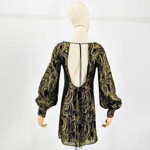Vintage Y2K Milly Of New York Black Gold Metallic Bishop Sleeve Mini Dress